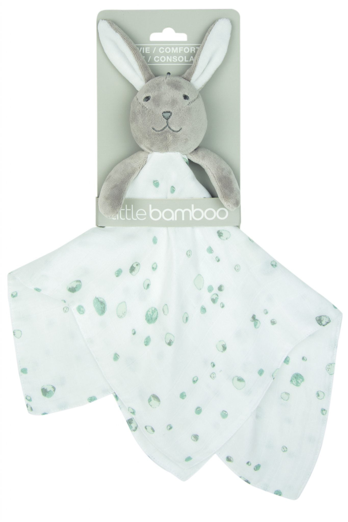 little bamboo blair bunny comforter for sleep. Moonlight baby sleep. melbourne. grey bunny with super soft swaddle in white and mint specs. super soft material