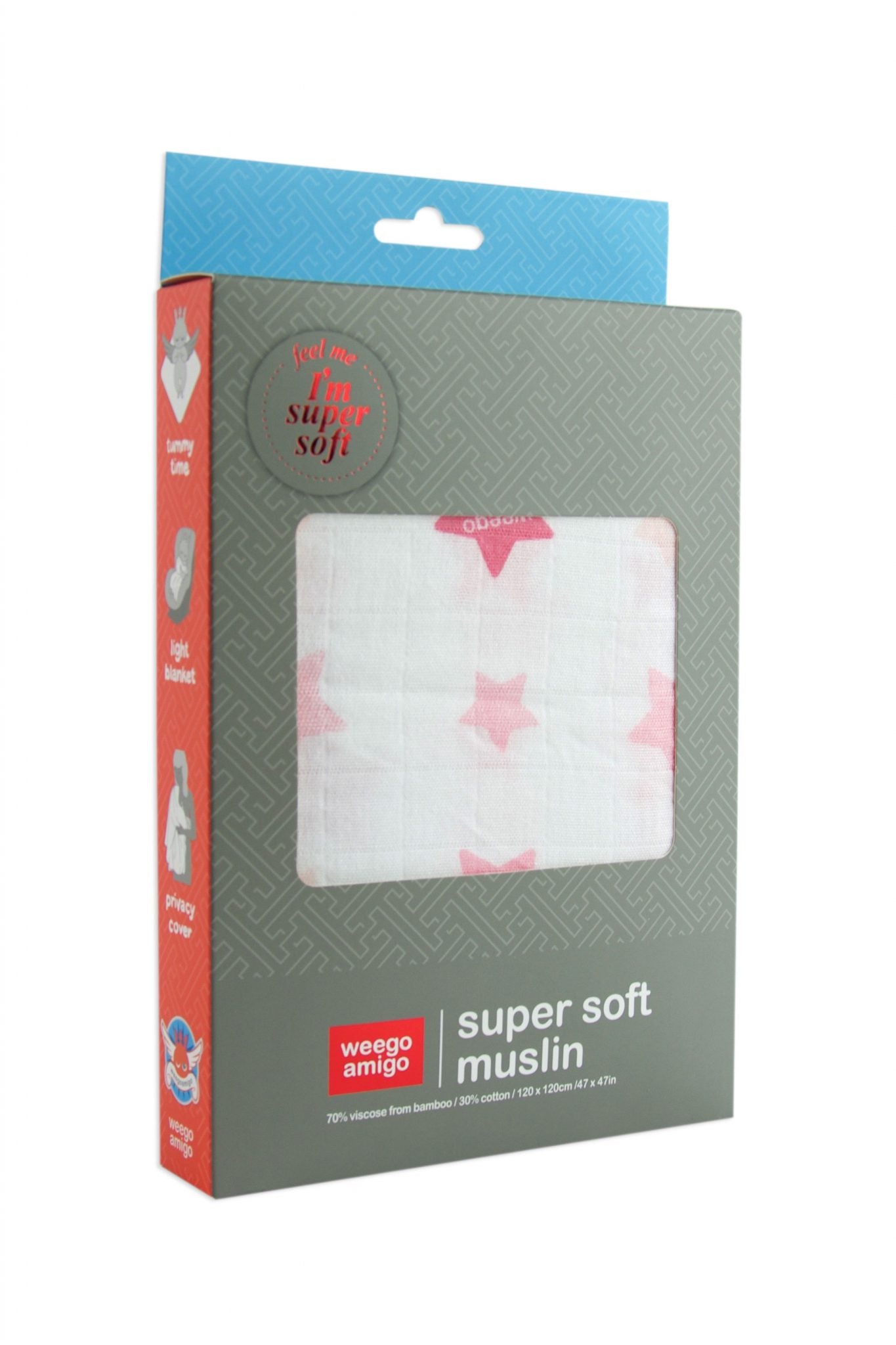 Weegoamigo Bamboo Muslin. Super soft cotton . Swaddling swaddle. Pink stars on white background. Moonlight Baby Sleep. Melbourne.