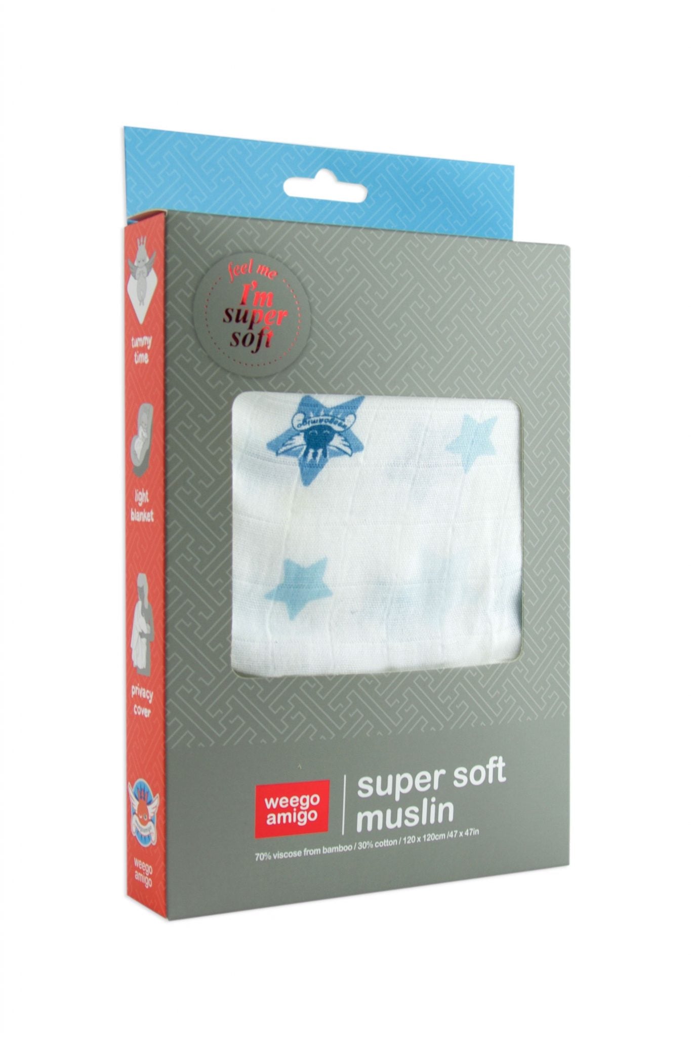 Weegoamigo Bamboo Muslin. Super soft cotton . Swaddling swaddle. Blue stars on white background. Moonlight Baby Sleep. Melbourne.