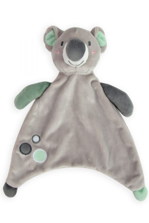 Comforter lovie toy in grey and mint koala. Sleeping aid for babies and toddlers. super soft. great gifts. moonlight baby sleep. melbourne